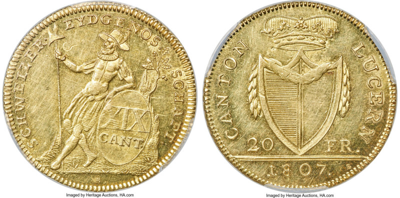 Lucerne. Canton gold 20 Francs 1807-B MS62 PCGS, KM102, Fr-326, HMZ-2-666. Minta...