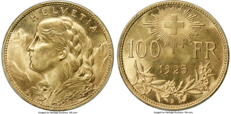 Confederation gold 100 Francs 1925-B MS65 PCGS, Bern mint, KM39, Fr-502, HMZ-2-1...