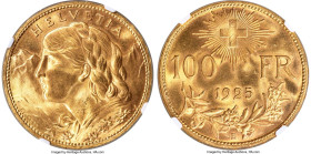 Confederation gold 100 Francs 1925-B MS64+ NGC, Bern mint, KM39, Fr-502, HMZ-2-1193a. Mintage: 5000. Featuring a similar, and strikingly beautiful, ob...