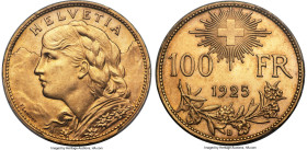 Confederation gold 100 Francs 1925-B MS64 PCGS, Bern mint, KM39, Fr-502, HMZ-2-1193a. Mintage: 5,000. Dazzling luster and a crisp strike bring out the...