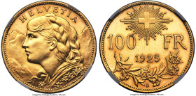 Confederation gold 100 Francs 1925-B MS63 NGC, Bern mint, KM39, Fr-502, HMZ-2-1193a. Mintage: 5,000. An essential piece for the collector of twentieth...