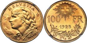 Confederation gold 100 Francs 1925-B MS62 Prooflike NGC, Bern mint, KM39, Fr-502, HMZ-2-1193a. Mintage: 5,000. An ever-popular icon from the Swiss ser...