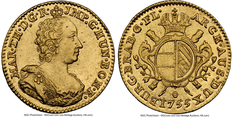 Maria Theresa gold Souverain d'Or 1755 MS61 NGC, Antwerp mint, Delm-212, Fr-135....
