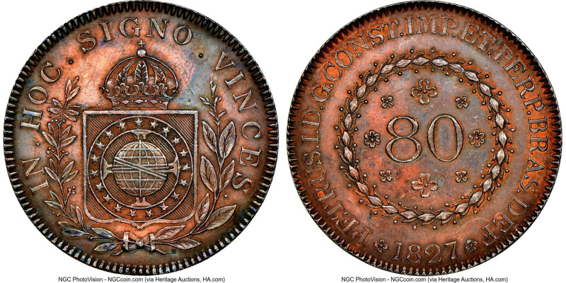 Pedro I copper Pattern 80 Reis 1827-R MS61 Brown NGC, Rio de Janeiro mint, KM-Pn...