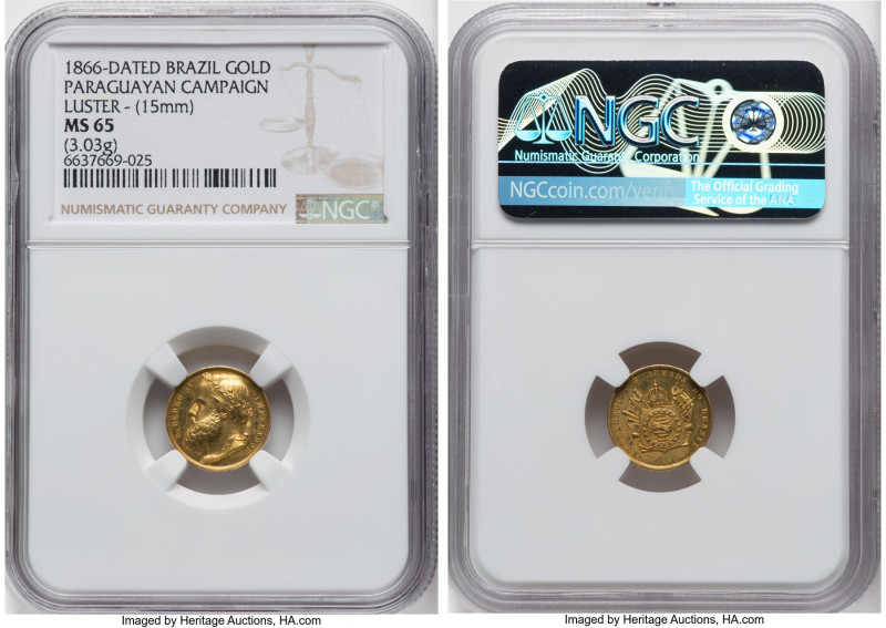 Pedro II gold "Paraguayan Campaign" Medal 1866-Dated MS65 NGC, Cavalcanti-87. 15...