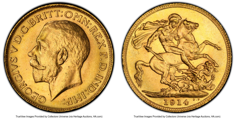 George V gold Sovereign 1914-C MS65 PCGS, Ottawa mint, KM20, S-3997. A more diff...