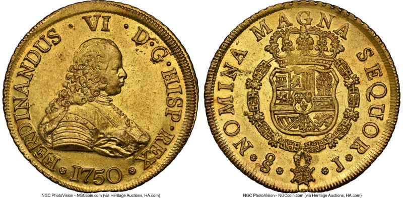 Ferdinand VI gold 8 Escudos 1750 So-J MS61 NGC, Santiago mint, KM3, Cal-822. Sca...