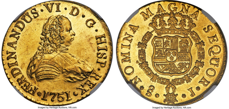Ferdinand VI gold 8 Escudos 1751 So-J MS63 NGC, Santiago mint, KM3, Cal-824, Fr-...