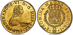 Ferdinand VI gold 8 Escudos 1751 So-J MS63 NGC, Santiago mint, KM3, Cal-824, Fr-5. Salvaged from the La Luz, which had run aground when it encountered...