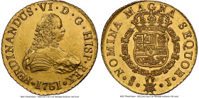 Ferdinand VI gold 8 Escudos 1751 So-J MS61 NGC, Santiago mint, KM3, Cal-824. Usually encountered with much more weakness to the bust motif, this Mint ...