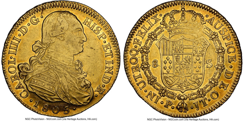 Charles IV gold 8 Escudos 1805 P-JT AU55 NGC, Popayan mint, KM62.2, Cal-1684, Fr...