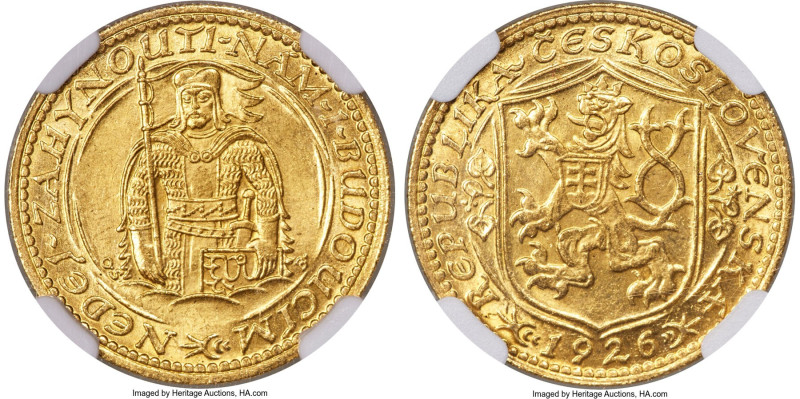 Republic gold Ducat 1926 MS65 NGC, Kremnitz mint, KM8, Fr-2. An ever popular Cze...