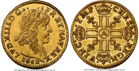 Louis XIII gold 1/2 Louis d'Or 1642-A AU58 NGC, Paris mint, KM125, Gad-57. Meche longue. Virtually Mint State and worthy of additional consideration d...