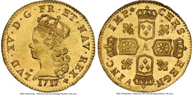 Louis XV gold 1/2 Louis d'Or 1717-A MS65 NGC, Paris mint, KM430.1 (misattributed as a Louis d'Or there), Gad-335 (R2). Dot under LVD. This adorable ha...