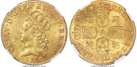 Louis XV gold Louis d'Or de Noailles 1716-A MS63+ NGC, Paris mint, KM428.1 (listed as 2 Louis d'Or), Gad-344 (R), Fr-450. Exceptionally popular both f...