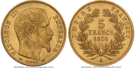 Napoleon III gold 5 Francs 1854-A MS66 NGC, Paris mint, KM783, Gad-1000. Plain edge variety. A premier example of a popular type with only two pieces ...