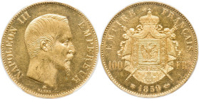 Napoleon III gold 100 Francs 1859-BB MS62 PCGS, Strasbourg mint, KM786.2, Gad-1135, F-550. Mintage: 9,305. Featuring the portrait of France's last mon...