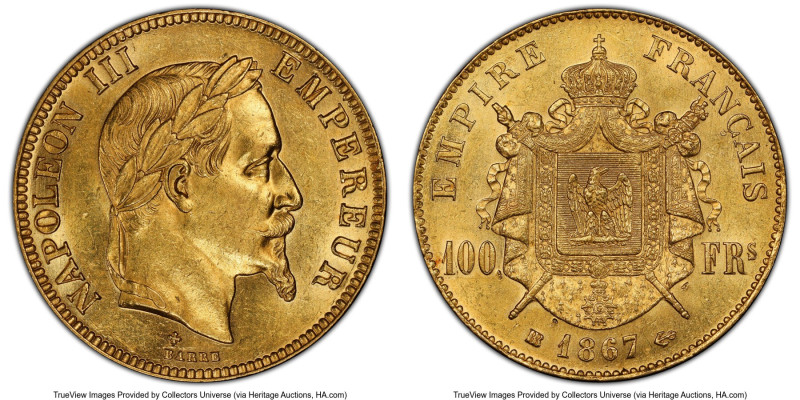 Napoleon III gold 100 Francs 1867-BB MS62 PCGS, Strasbourg mint, KM802.2, Gad-11...