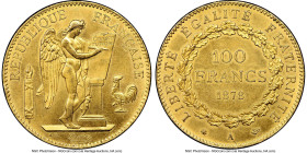 Republic gold 100 Francs 1878-A MS64 NGC, Paris mint, KM832, Gad-1137. One of only 13,000 examples struck of this first-year emission. Tender luster b...