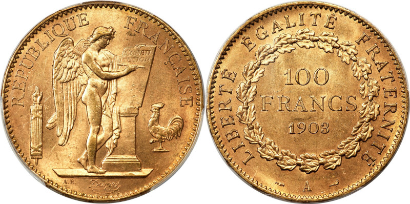 Republic gold 100 Francs 1903-A MS64 PCGS, Paris mint, KM832, Gad-1137. Mintage:...