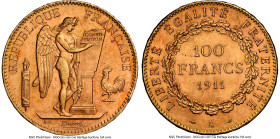 Republic gold 100 Francs 1911-A MS64 NGC, Paris mint, KM858, Gad-1137a. Waves of brilliance ripple across the surfaces upon inspection of this near-Ge...