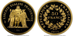 Republic gold Proof Piefort 50 Francs 1974 PR67 Ultra Cameo NGC, KM-P510. A magnificent example of this hefty Piefort type that draws from the classic...