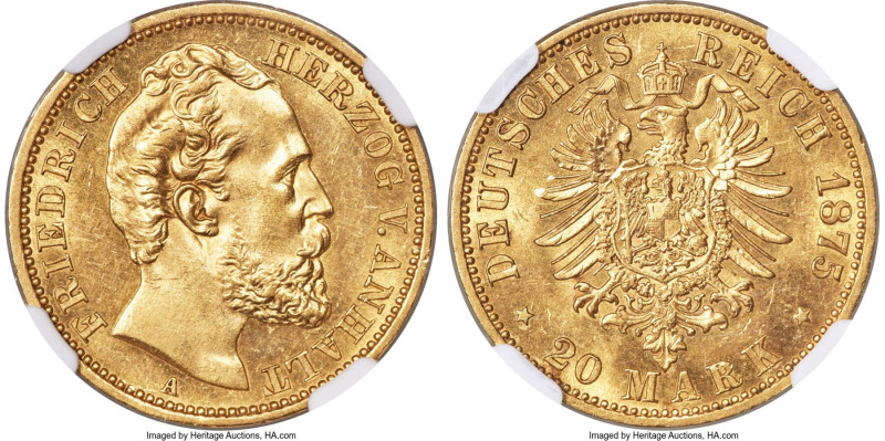 Anhalt-Dessau. Friedrich I gold 20 Mark 1875-A MS63 NGC, Berlin mint, KM21, J-17...