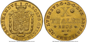 Brunswick-Wolfenbüttel. Karl Wilhelm Ferdinand gold 10 Taler 1805-MC MS63+ NGC, Brunswick mint, KM1041, Fr-725. A fantastic rendition of this large-de...