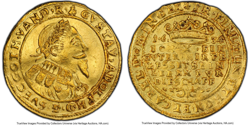 Erfurt. Gustav II of Sweden gold Ducat 1634 AU55 PCGS, KM63, Fr-919. A popular S...