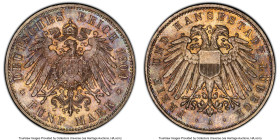 Lübeck. Free City 5 Mark 1904-A MS66 PCGS, Berlin mint, KM213, J-83. A gorgeously toned Lübeck 5 Mark with an immediately recognizable double-headed e...