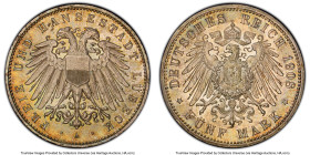 Lübeck. Free City 5 Mark 1908-A MS66 PCGS, Berlin mint, KM213, J-83. The second Lübeck 5 Mark type sitting above the coveted Gem Mint State threshold ...