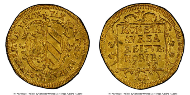 Nürnberg. Free City gold "Promise of Peace" Ducat 1636 MS63 PCGS, KM136, Fr-1828...