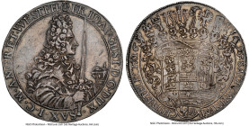 Saxony. Friedrich August I Taler 1695-IK MS62 NGC, Dresden mint, KM669, Dav-7652. A particularly inspired design of Friedrich August posing with an im...