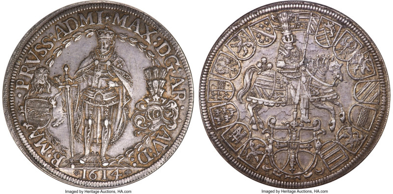 Teutonic Order. Maximilian 2 Taler 1614 AU53 NGC, Hall mint, KM30, Dav-5854. 57....