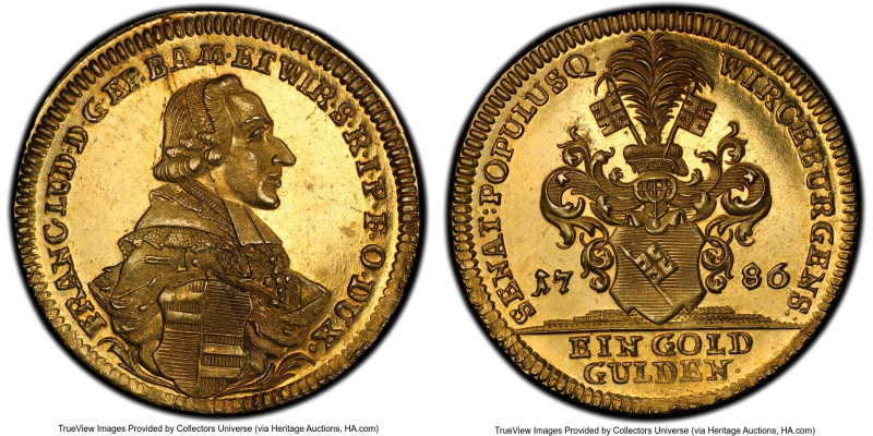 Wurzburg. Franz Ludwig von Erthal gold Goldgulden 1786 MS63 Prooflike PCGS, KM42...