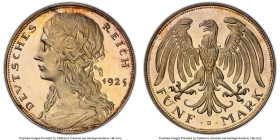 Weimar Republic silver Specimen Pattern 5 Mark 1925-D SP65 PCGS, Munich mint, Schaaf-331/G2 VS2 RS2. By Karl Goetz. Sporting glossy, lagoon-esque expa...