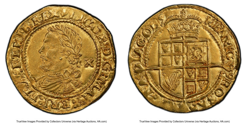 James I (1603-1625) gold 1/2 Laurel ND (1623-1624) MS61 PCGS, Tower mint, Lis mm...