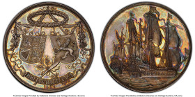 Charles II silver "Peace with Holland" Medal 1667 MS65 PCGS, Eimer-242, MI-534-184. 44mm. By C. Adolfszoon. English and Dutch ships sailing together, ...