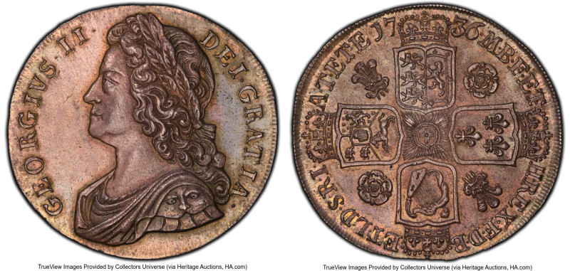 George II Crown 1736 MS62 PCGS, KM575.1, S-3686. NONO edge. Plumes & Roses. The ...