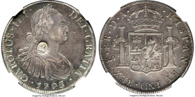 George III Counterstamped Bank Dollar of 5 Shillings ND (1797-1799) XF45 NGC, KM627, S-3765A. Type I oval bust counterstamp (AU Strong) on Chile Charl...