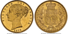 Victoria gold "Shield" Sovereign 1863 MS64 NGC, KM736.2, S-3852. No die number variety. Wholly charming and blanketed in an abundance of gleaming lust...