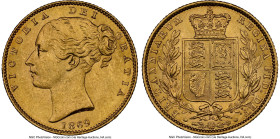 Victoria gold "Shield" Sovereign 1869 MS64 NGC, KM736.2, S-3853. An alluring conditional outlier with fully defined devices and perfect cartwheel lust...