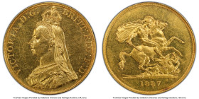 Victoria gold 5 Pounds 1887 MS62 PCGS, KM769, S-3864. An always collectible type found decidedly Mint State and approaching a coveted Choice assignmen...
