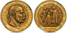Franz Joseph I gold "Coronation" 100 Korona 1907-KB AU55 NGC, Kremnitz mint, KM490, Fr-256, Husz-2213. Mintage: 10,897. Struck upon the 40th anniversa...