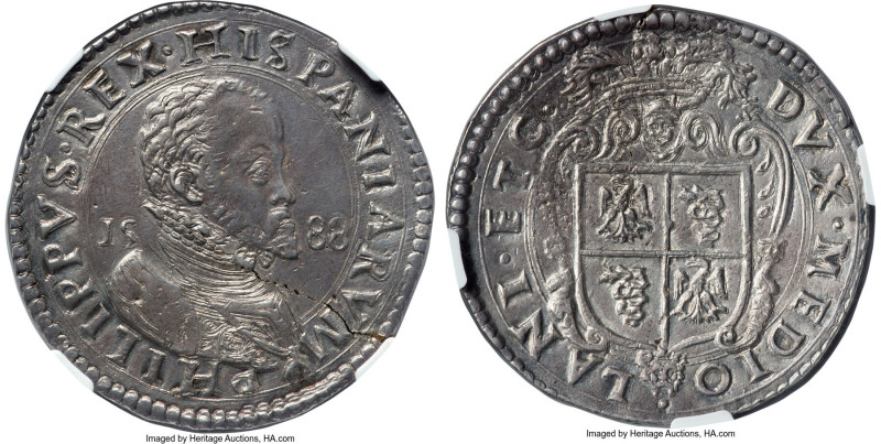 Milan. Philip II of Spain Scudo 1588 AU58 NGC, Dav-8309. The finest example cert...