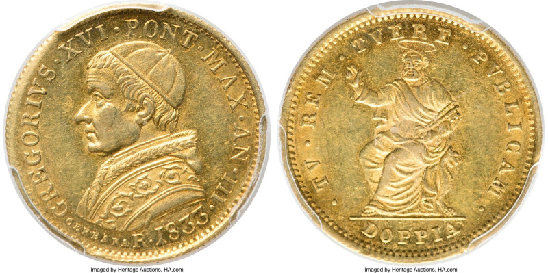 Papal States. Gregory XVI gold Doppia Anno III 1833-R AU55 PCGS, Rome mint, KM11...