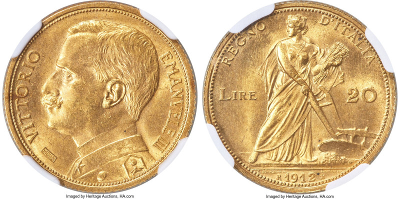 Vittorio Emanuele III gold 20 Lire 1912-R MS64+ NGC, Rome mint, KM48, Fr-28. Min...