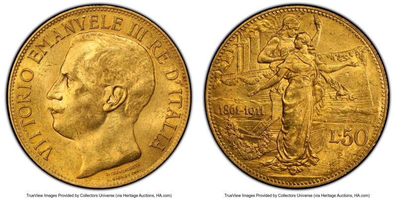 Vittorio Emanuele III gold "50th Anniversary of the Kingdom" 50 Lire 1911-R MS63...