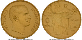 Vittorio Emanuele III gilt-bronze Matte Proof Pattern 100 Lire 1903 PR68 NGC, Milan mint (S. Johnson), cf. KM-PnA6 (there in gold), Pag-139 (R). Of un...
