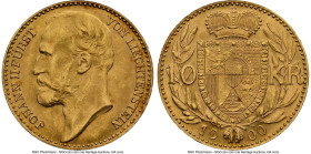 Johann II gold 10 Kronen 1900 MS64 NGC, KM-Y5, Fr-14. A significant Liechtenstein issue that saw a mere 1,500 examples produced for circulation. The f...
